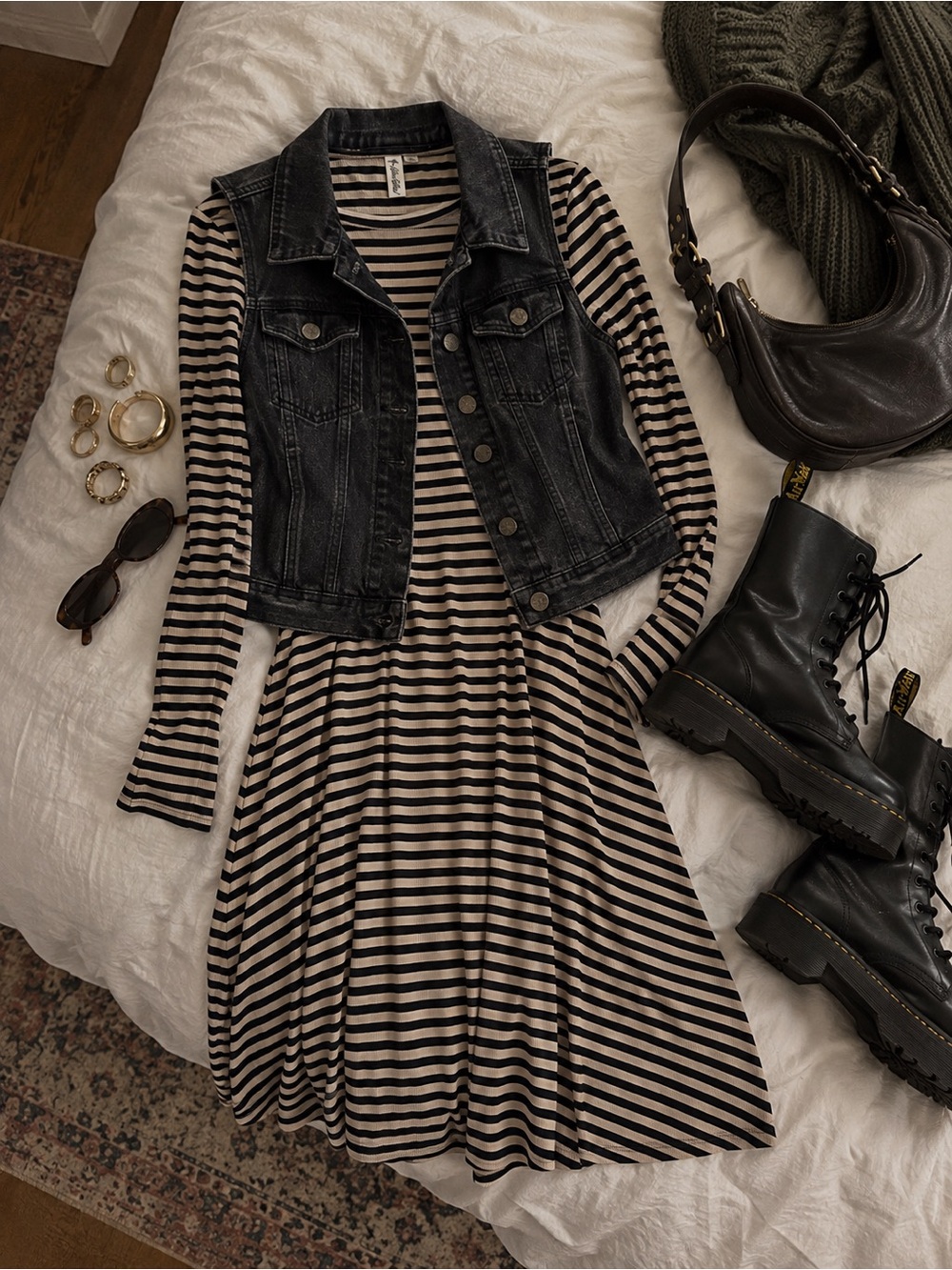 Punk Alt Boho Black/Cream Striped Long Sleeve Super Soft Waffle Swing Dress med